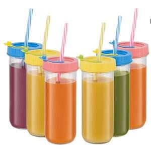 6 Pack Glass Reusable Drinking Bottles, Travel Drinking Jars with Lids & Straws
